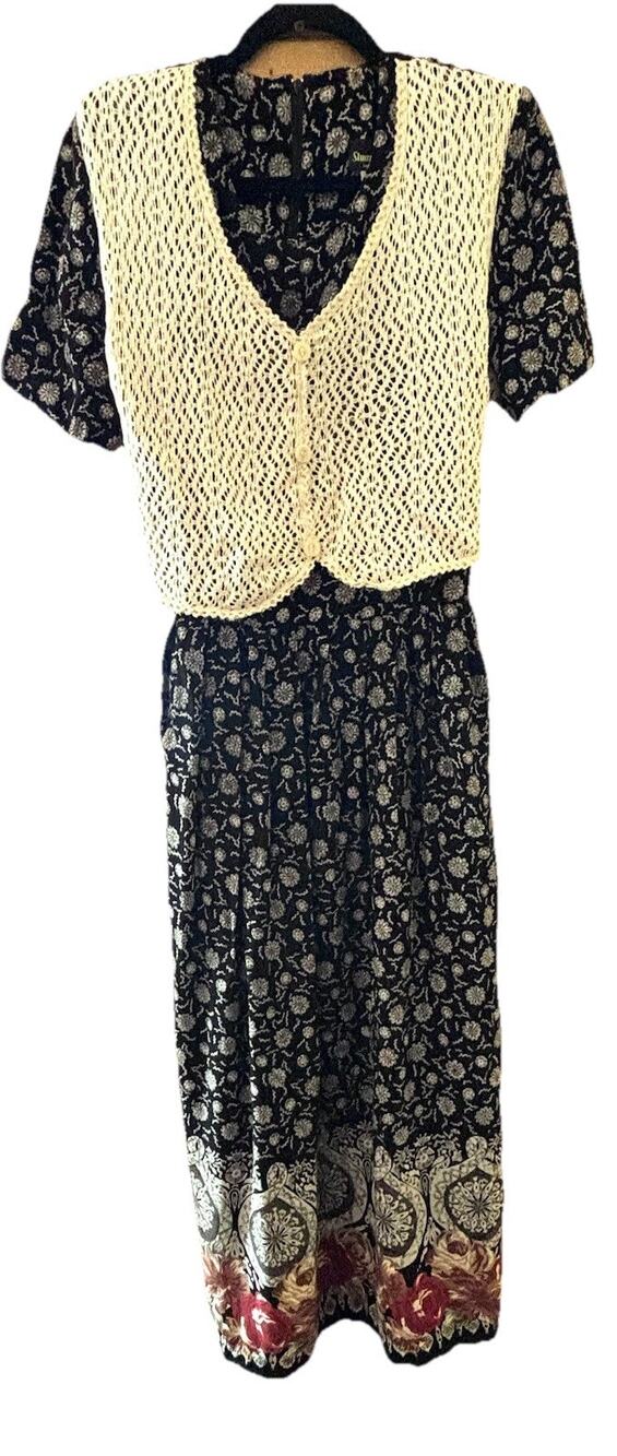 VTG Stuart Alan Maxi Dress Sz 18 Faux Crochet Vest 1990’s Cottagecore Bohemian